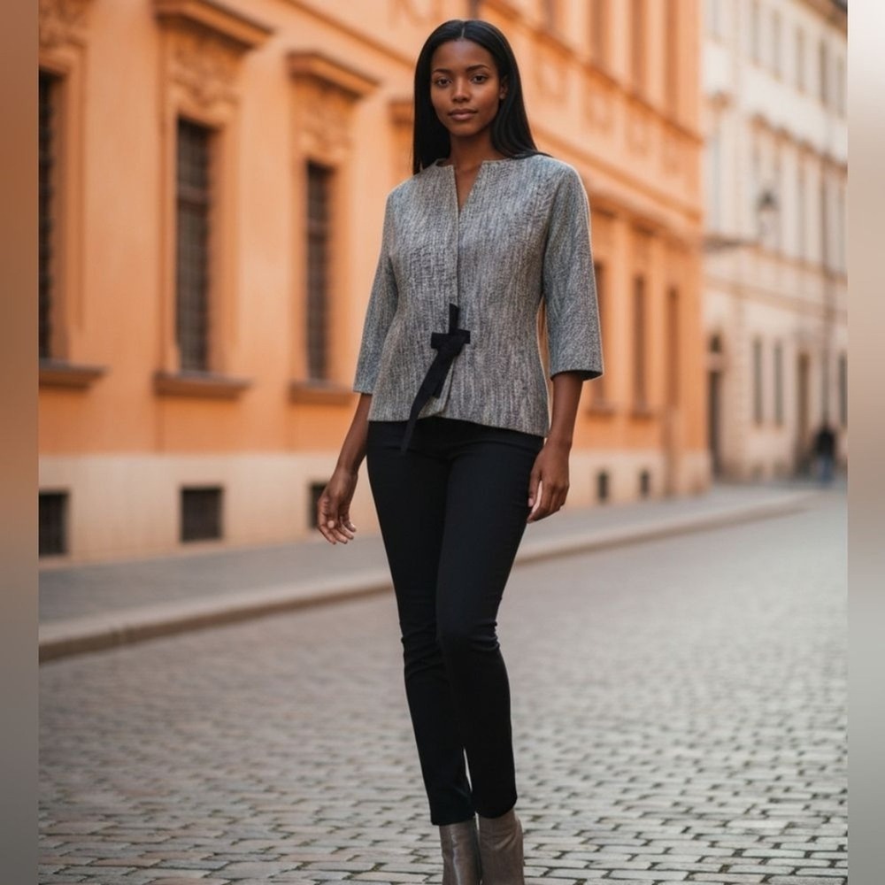 Talbots Textured Gray Blazer with Black Bow Tie Front Cotton Blend Size 16